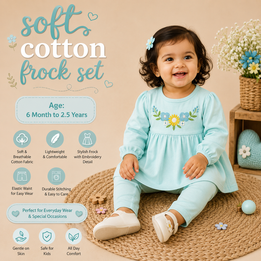 Soft Cotton Frock Set - Sky Blue