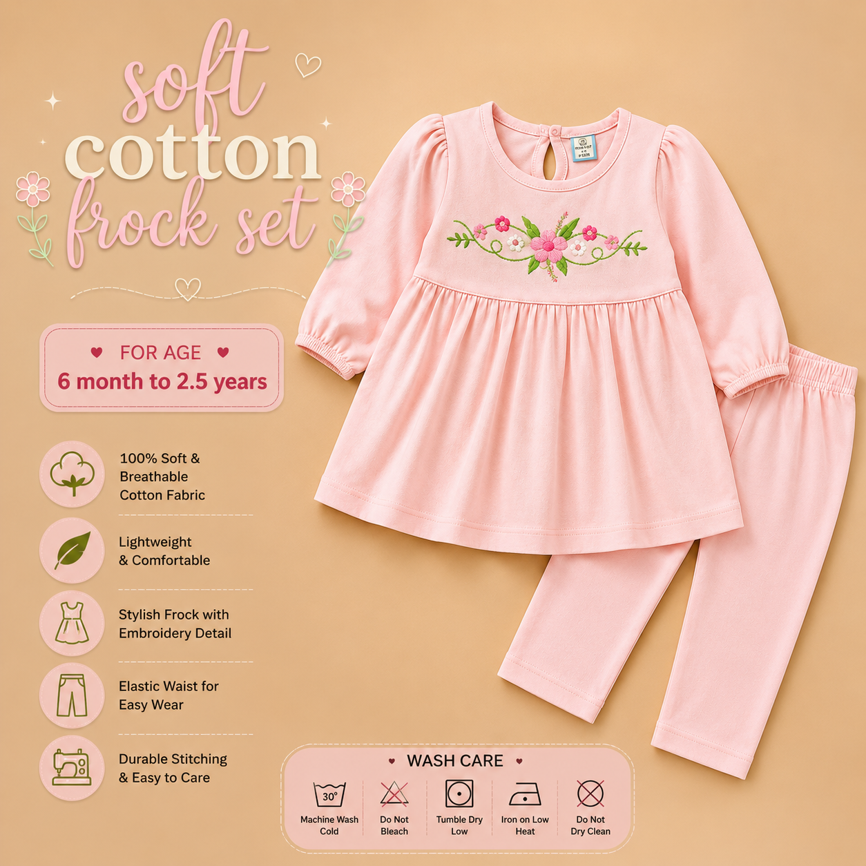 Soft Cotton Frock Set - Pink