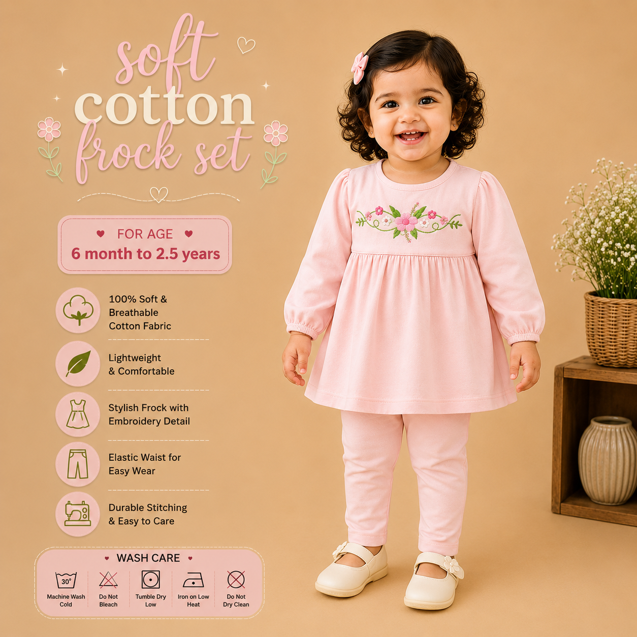 Soft Cotton Frock Set - Pink