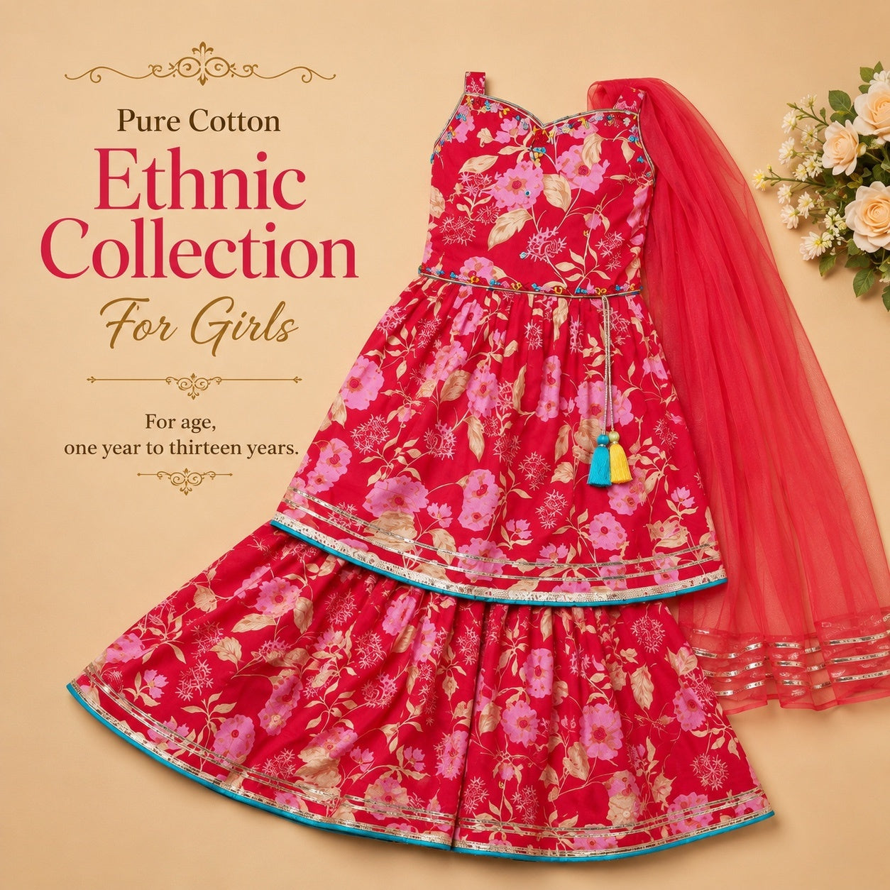 Pure Cotton Ethnic - Cherry Strip Pattern
