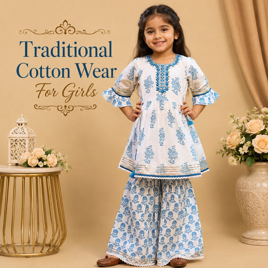 Pure Cotton Ethnic - Sky + white