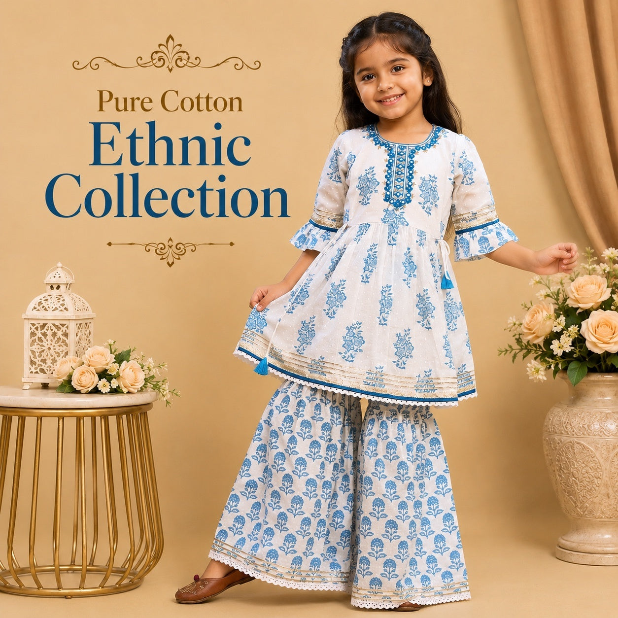 Pure Cotton Ethnic - Sky + white