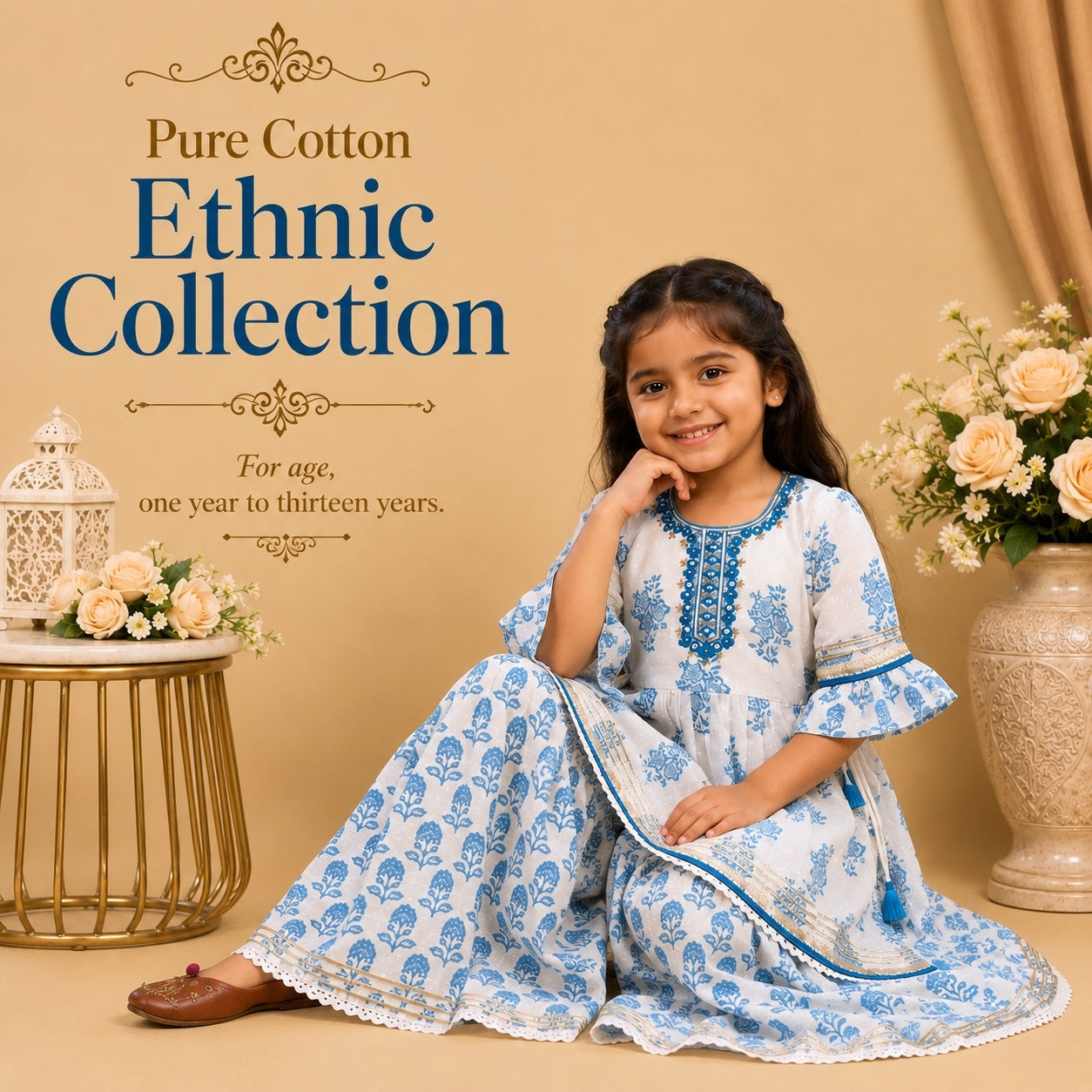 Pure Cotton Ethnic - Sky + white