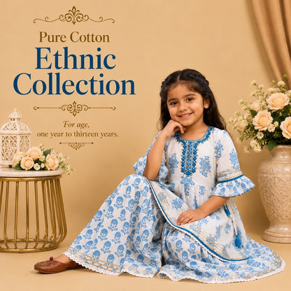Pure Cotton Ethnic - Sky + white