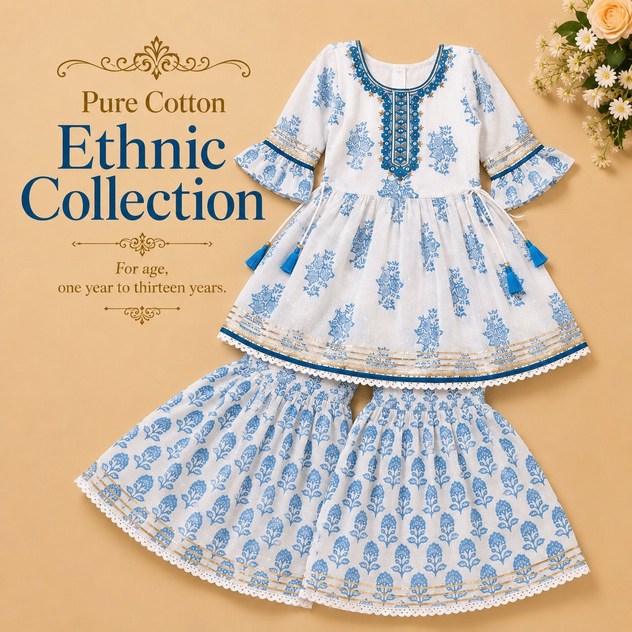 Pure Cotton Ethnic - Sky + white