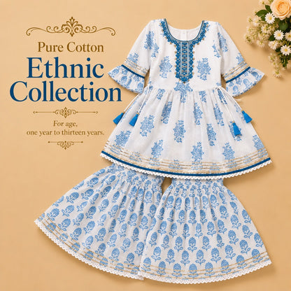 Pure Cotton Ethnic - Sky + white