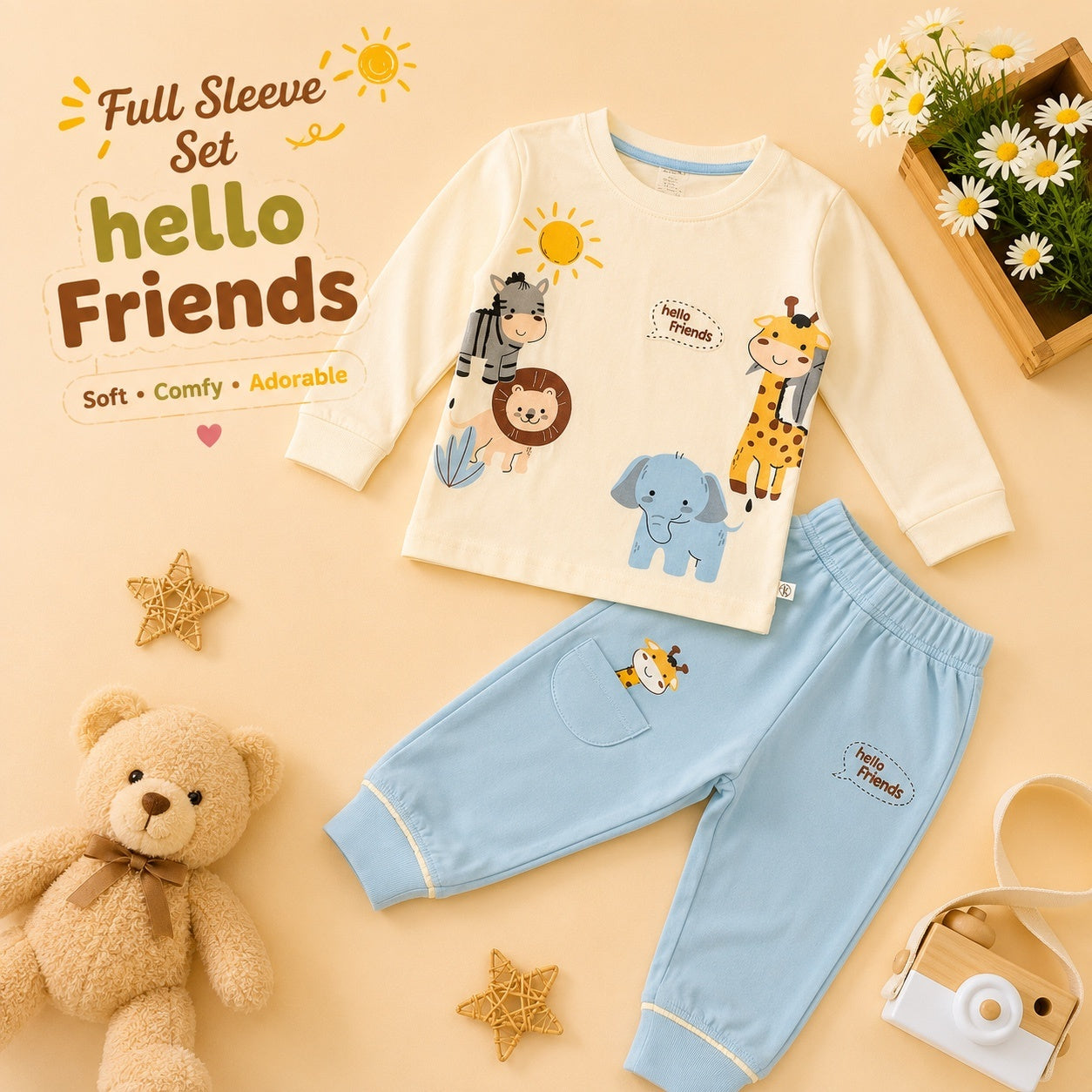 Full Sleeve Cotton Animal Printed Set - Sky