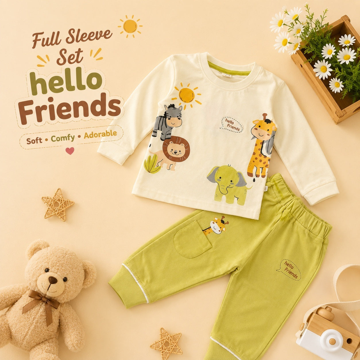 Full Sleeve Cotton Animal Printed Set - Musturd