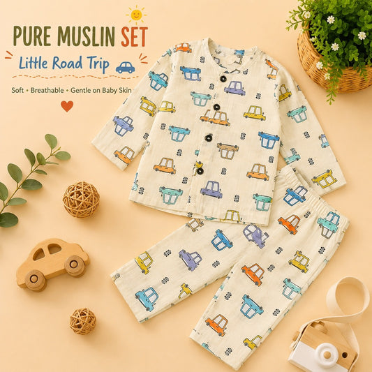 Pure Muslin Printed Cars Set - Cream