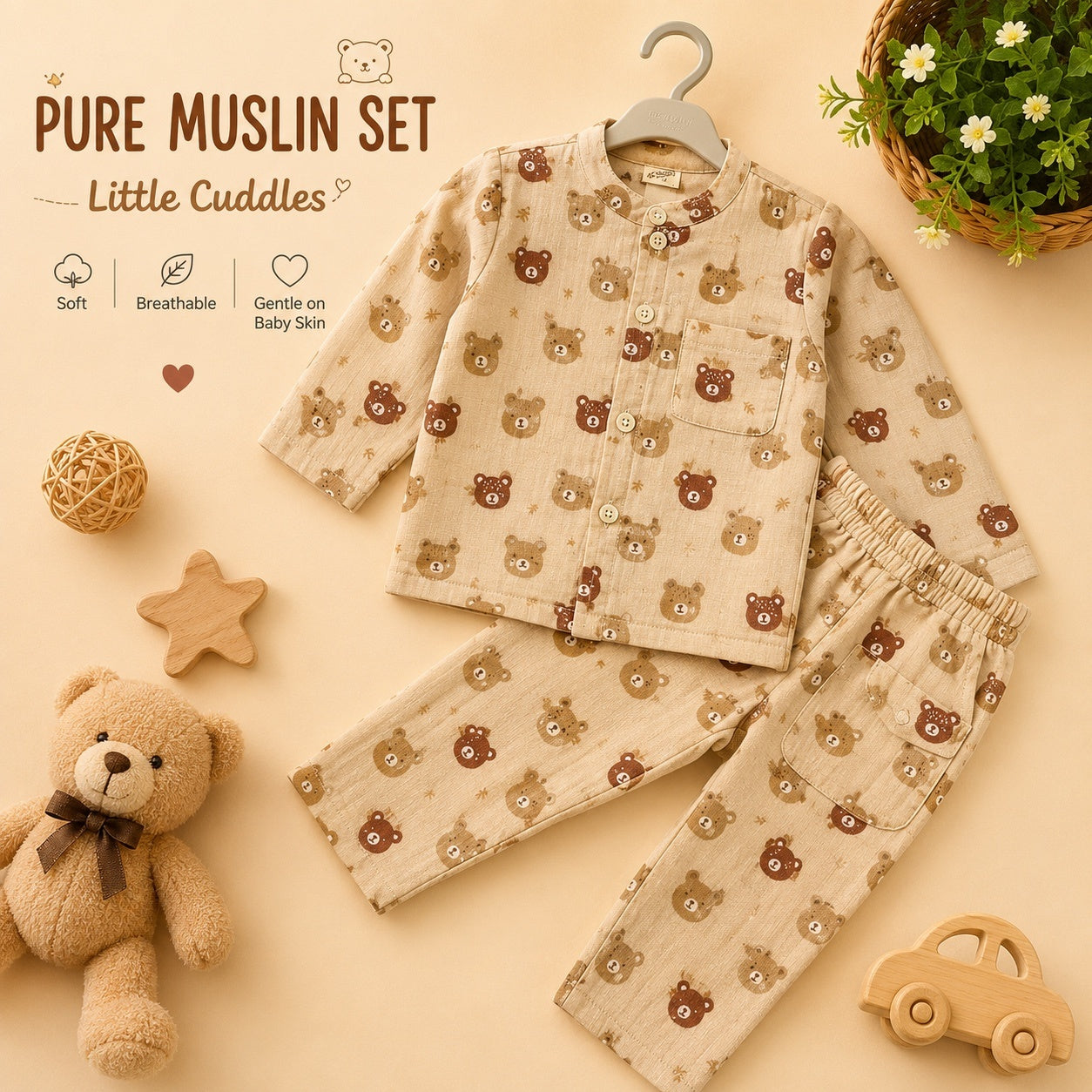 Premium Muslin teddy Printed Set - Beige