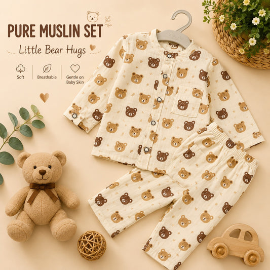 Premium Muslin teddy Printed Set - Cream