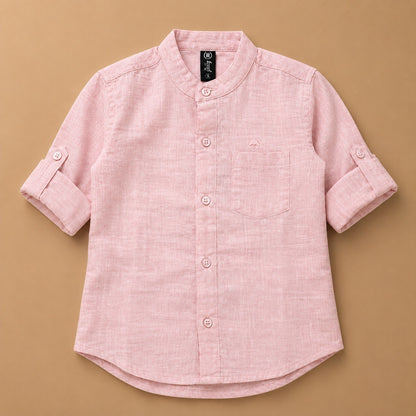 Solid Mandarin Khadi Cotton Shirt -Pink