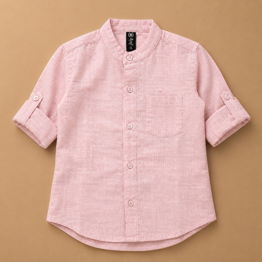 Solid Mandarin Khadi Cotton Shirt -Pink