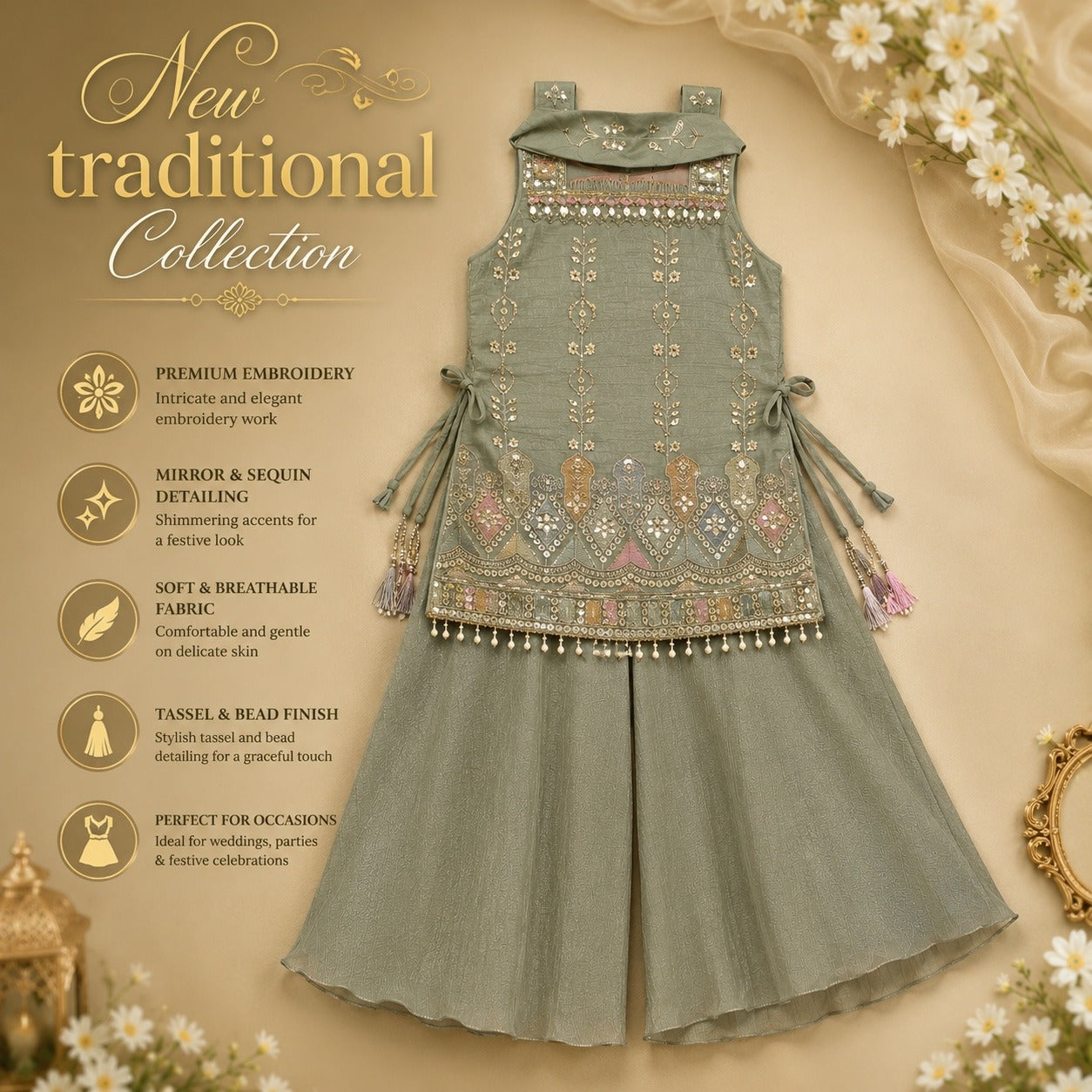 Ethnic Embroidered Kurti & Sharara Set - Sage Green