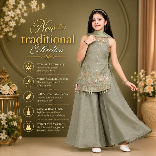 Ethnic Embroidered Kurti & Sharara Set - Sage Green