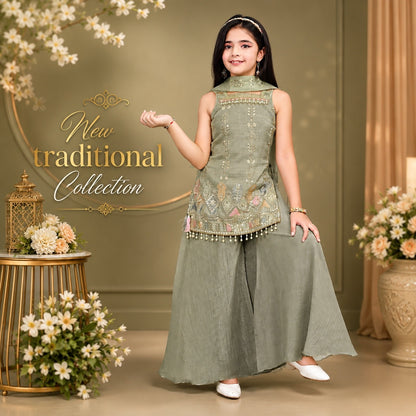 Ethnic Embroidered Kurti & Sharara Set - Sage Green