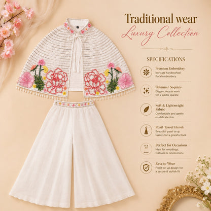 Ethnic Floral Embroidered Palazzo Set - White
