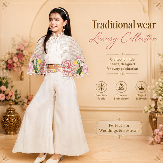 Ethnic Floral Embroidered Palazzo Set - White