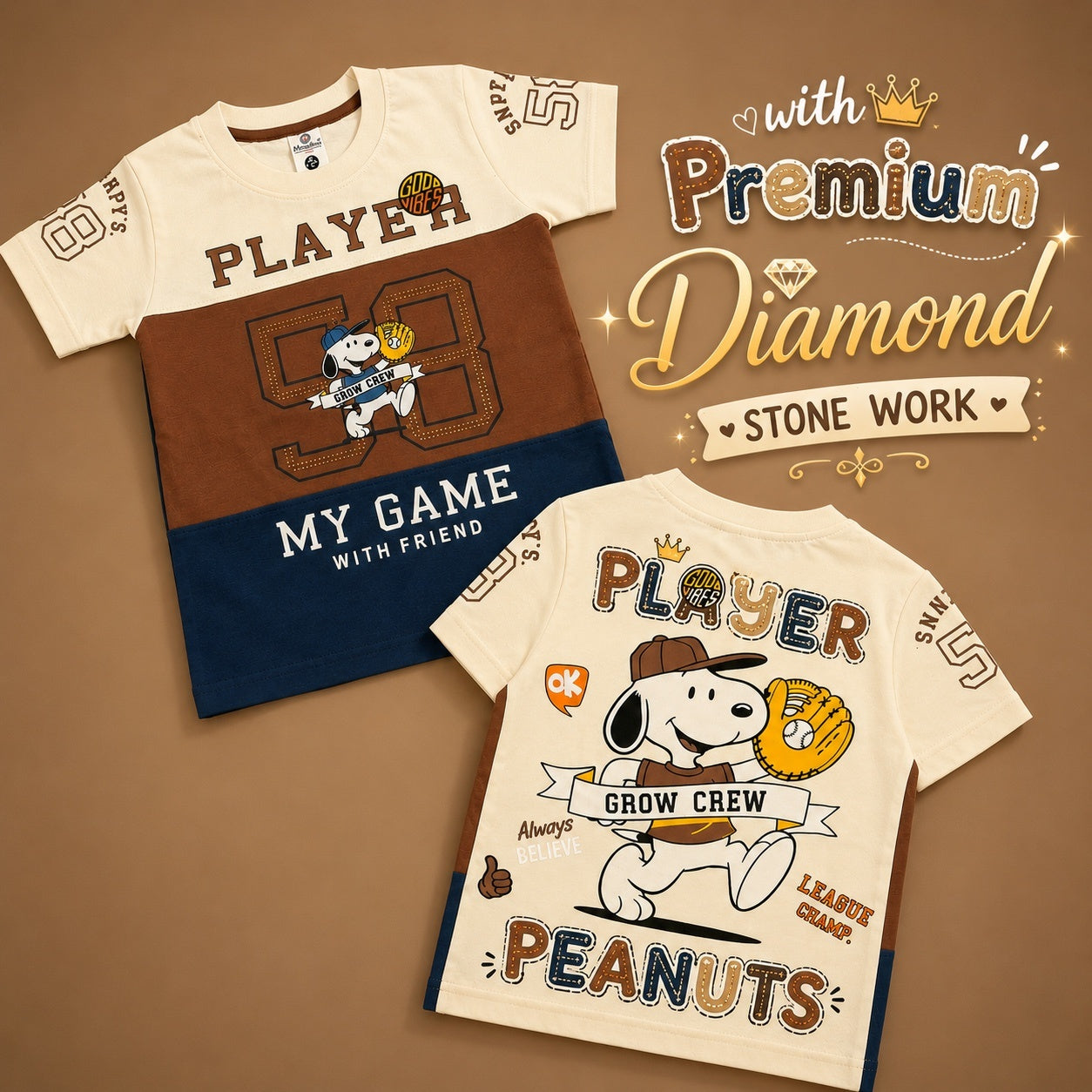 Diamond Stone Work Snoopy Graphic - Cream