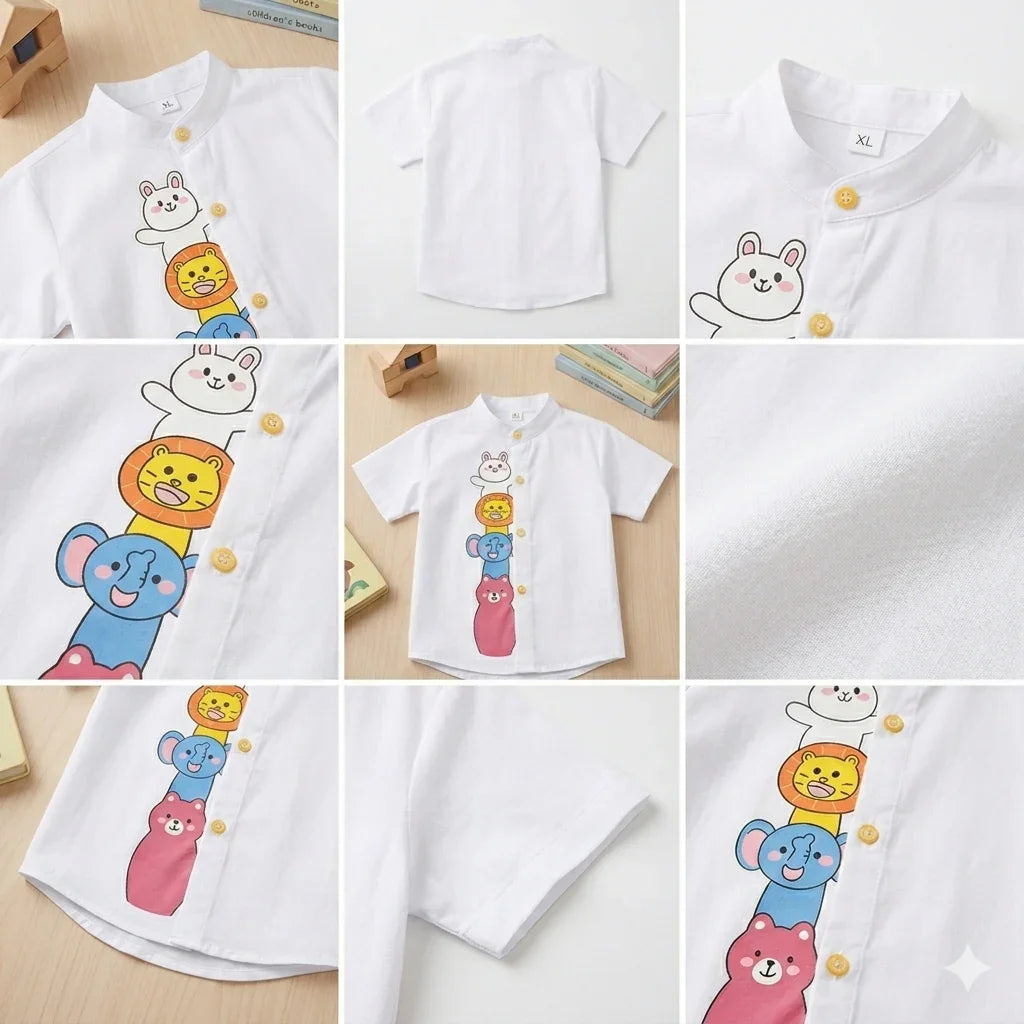 White Cotton Mandarin Collar Shirt with Cute Animal Graphics