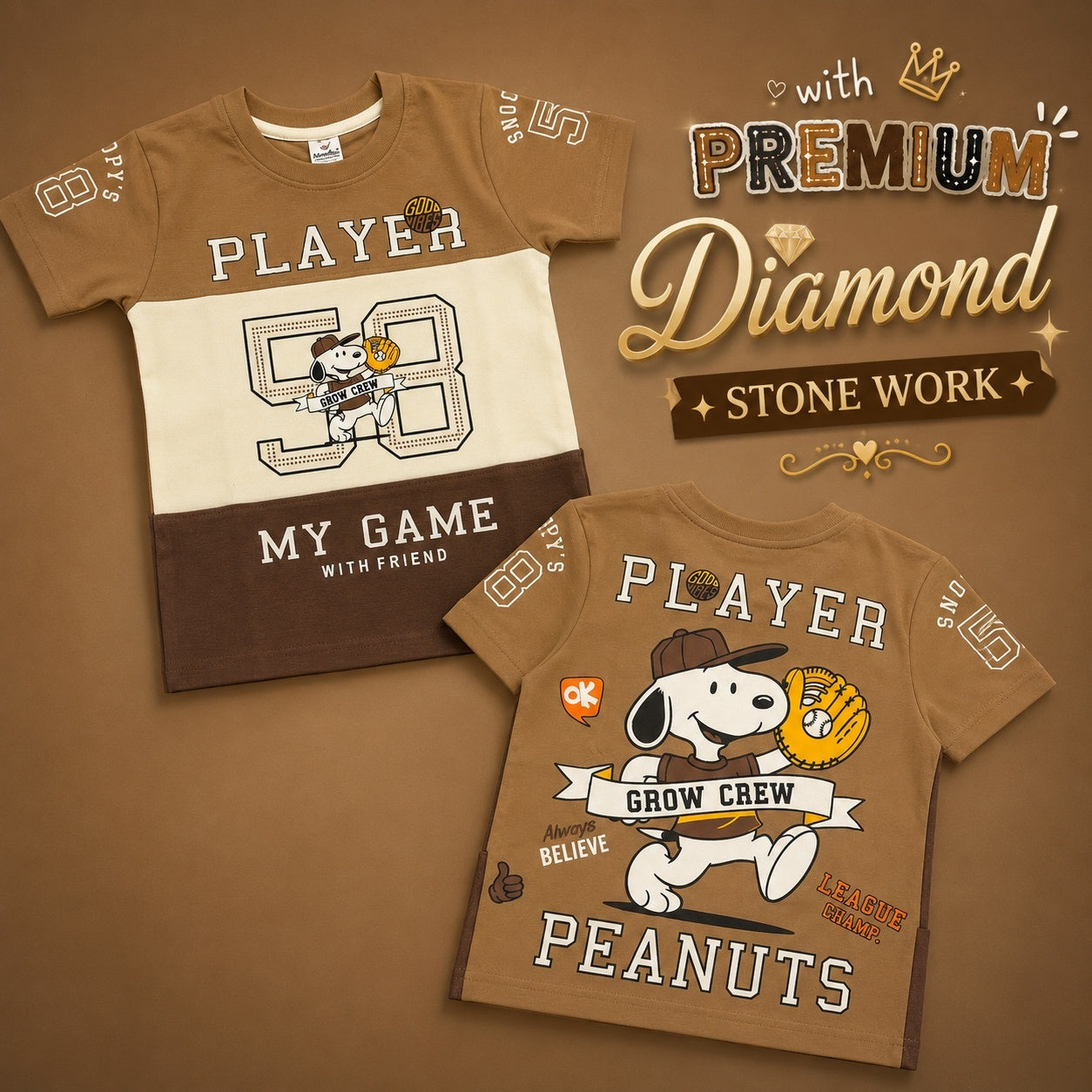 Diamond Stone Work Snoopy Graphic T-Shirt - Beige