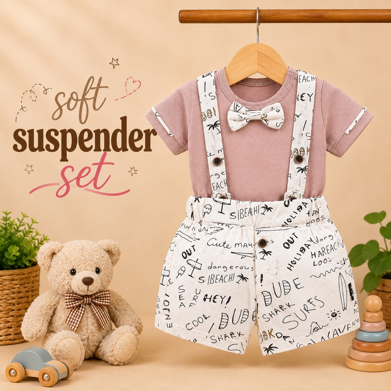 Soft Peach Beach Print Suspender Set