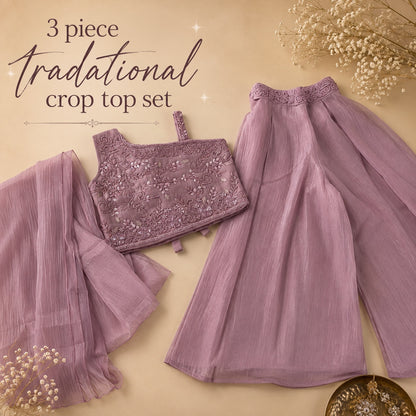 Purple Shoulder cut CropTop - Plazo set