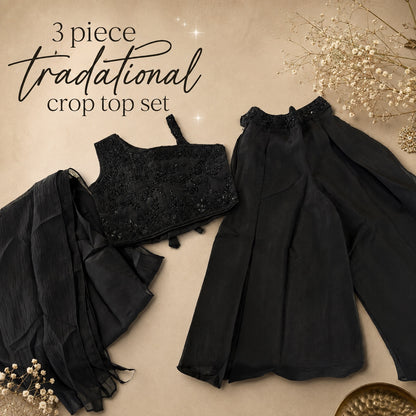 Black Shoulder cut CropTop - Plazo set