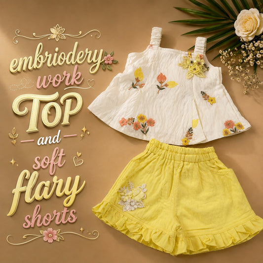 Cute Embroidery Top-Shorts-Yellow