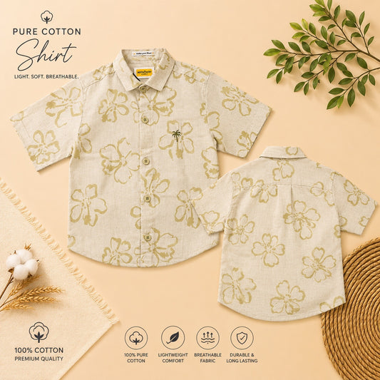 Boxy Fit Pure Cotton Beige Cream Printed Shirt