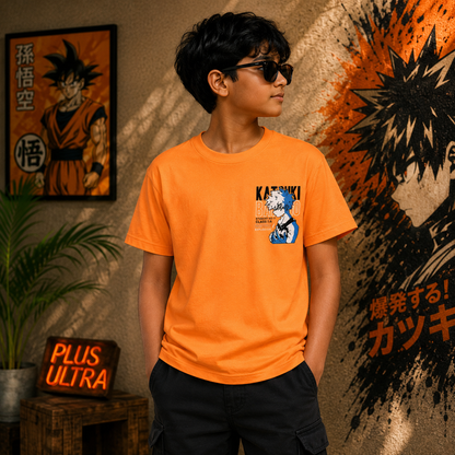 A young man wearing a bright orange graphic t-shirt on the chest, styled in a themed room with anime wall art and a neon sign.