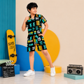 Summer Shirt & Shorts Set - Black & Neon Green Funky Matrix Print