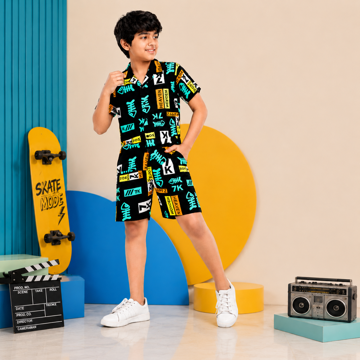 Summer Shirt & Shorts Set - Black & Neon Green Funky Matrix Print