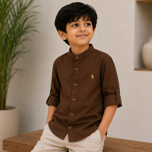 Pure Cotton Stand Collar Shirt – Coffee Brown