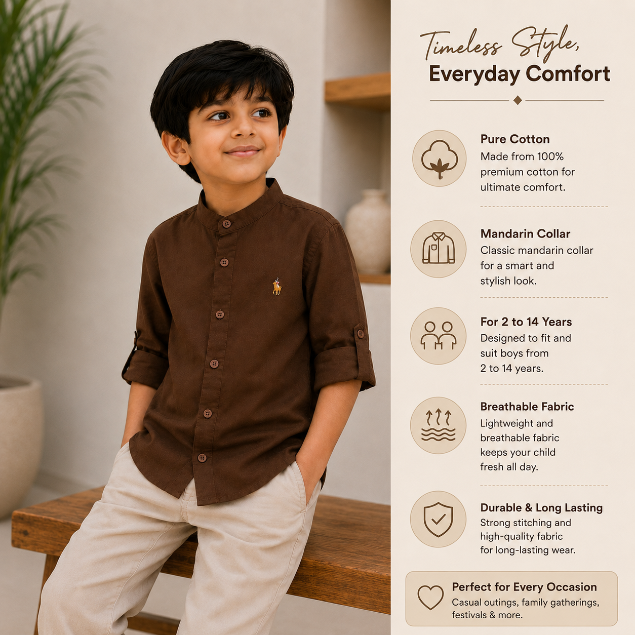 Pure Cotton Stand Collar Shirt – Coffee Brown