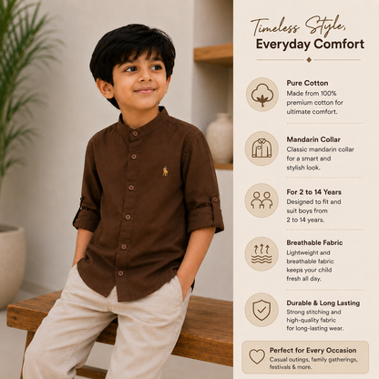 Pure Cotton Stand Collar Shirt – Coffee Brown
