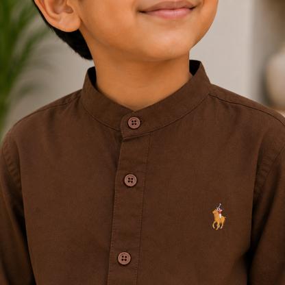 Pure Cotton Stand Collar Shirt – Coffee Brown
