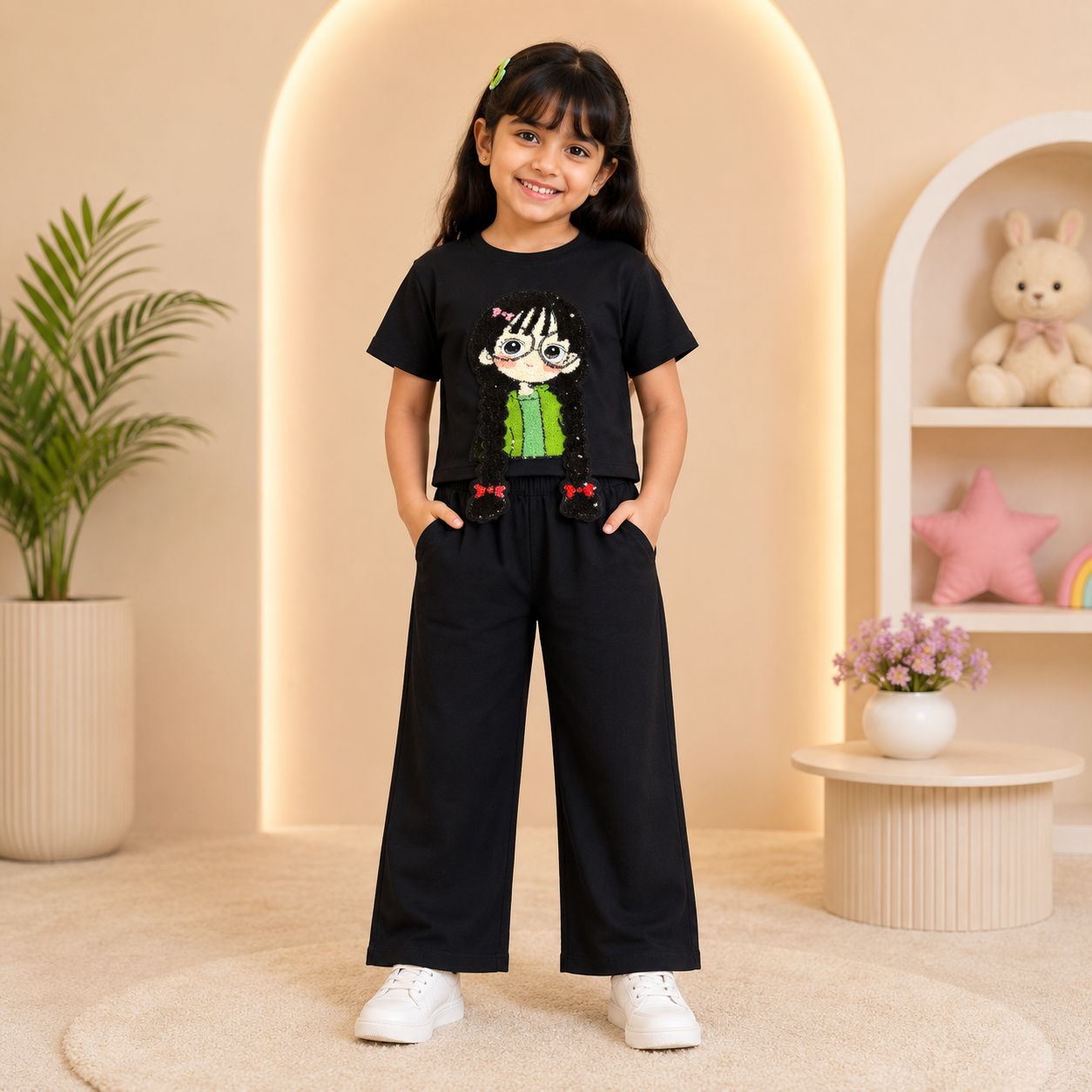Black 3D Crop-Plazo Cordset