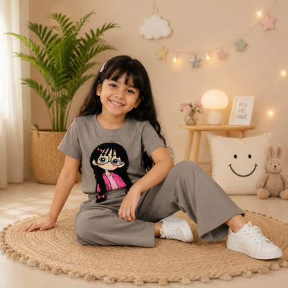 Grey 3D Crop-Plazo Cordset