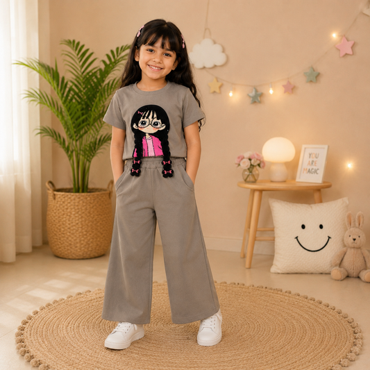 Grey 3D Crop-Plazo Cordset