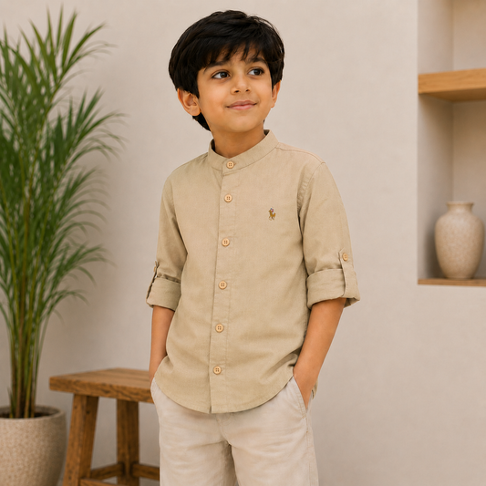 Pure Cotton Stand Collar Shirt – Beige
