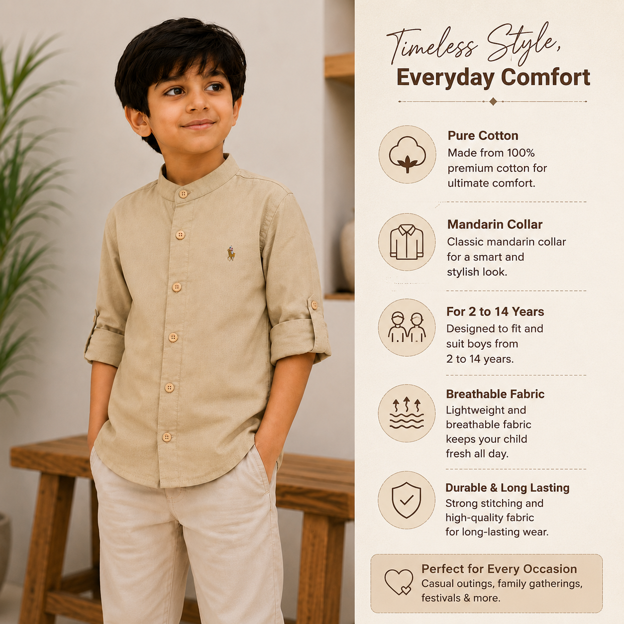 Pure Cotton Stand Collar Shirt – Beige