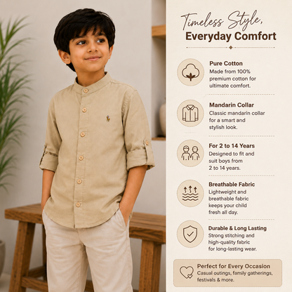 Pure Cotton Stand Collar Shirt – Beige