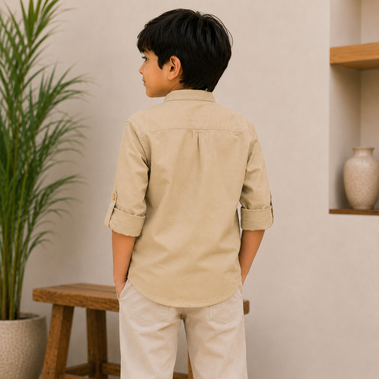 Pure Cotton Stand Collar Shirt – Beige