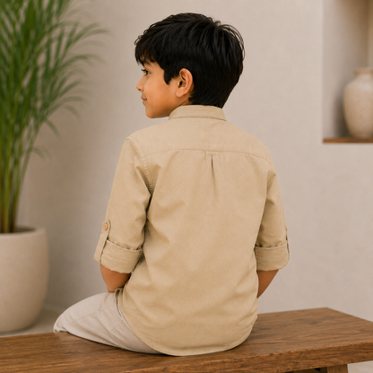 Pure Cotton Stand Collar Shirt – Beige