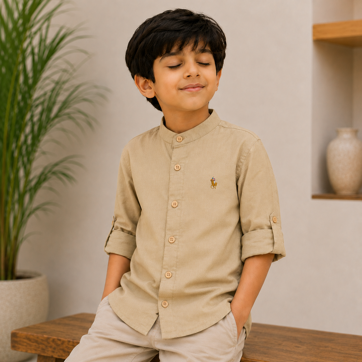 Pure Cotton Stand Collar Shirt – Beige