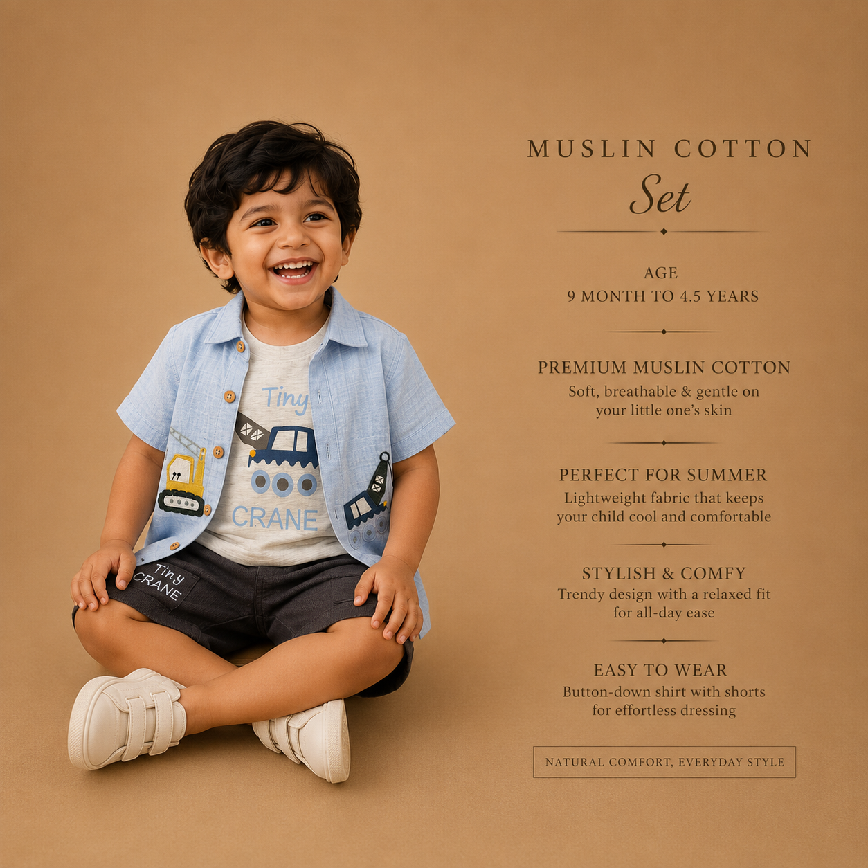 Blue : mini Crane Muslin Cotton 3 Piece Set
