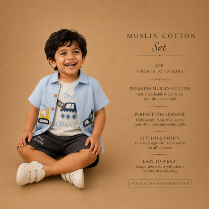 Blue : mini Crane Muslin Cotton 3 Piece Set