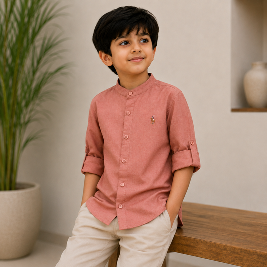 Pure Cotton Stand Collar Shirt – Dusty Peach