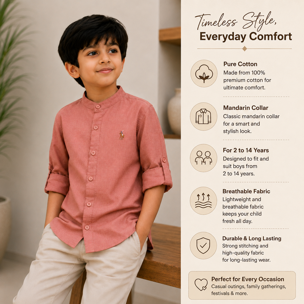 Pure Cotton Stand Collar Shirt – Dusty Peach